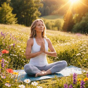 Žena cvičí jógu na rozkvetlé louce jako přirozená prevence osteoporózy
