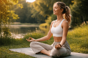 Žena cvičící jógu v přírodě jako součást zdravého životního stylu a prevence ztučnělých jater