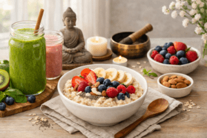 Miska ovesné kaše s čerstvým ovocem a semínky jako zdravá snídaně podporující játra
