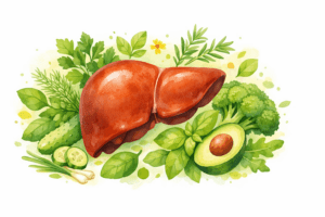 Ilustrace zdravých jater obklopených čerstvými bylinkami a zeleninou