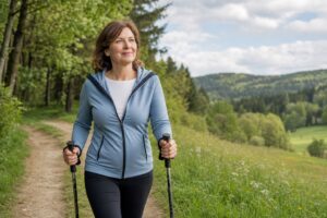 Žena středního věku při nordic walkingu v přírodě – pohyb jako přirozená součást zdravého životního stylu.