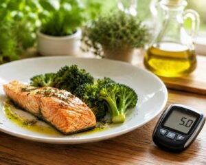 Talíř se zdravým jídlem – zelenina, ryby, ořechy a olivový olej vedle glukometru jako symbol přirozené péče při diabetické neuropatii.